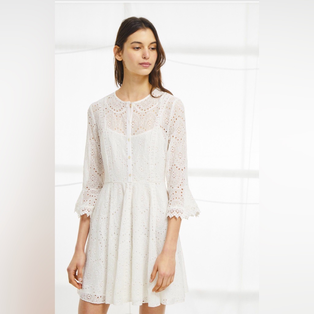 Summer White French Connection Derna Draped Fluted Eyelet Mini Dress Sz O Lined